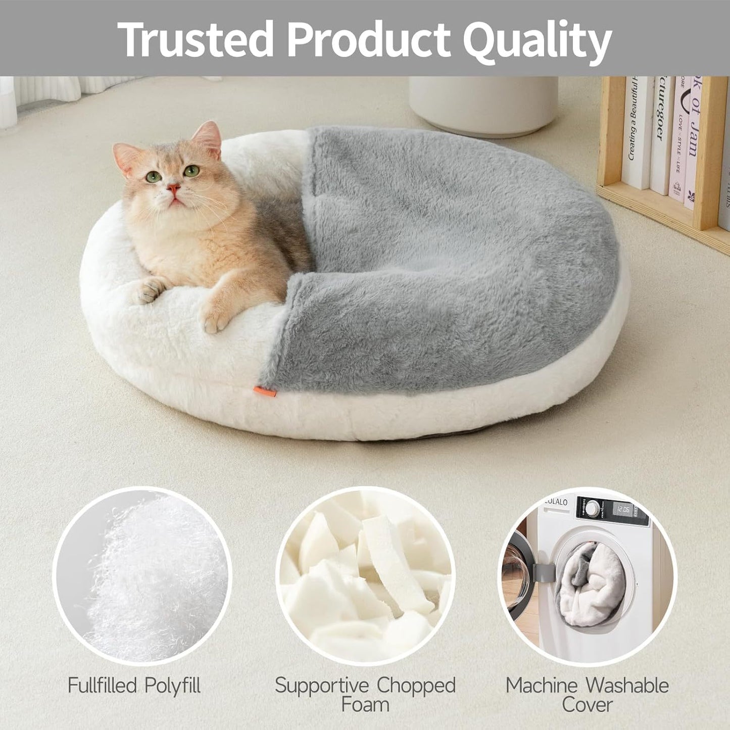 MEWOOFUN Enclosed Cat Bed Cave - Washable Pet Bed With Blanket & Non-Slip Base For Cats & Small Dogs 22'' X 22'', White