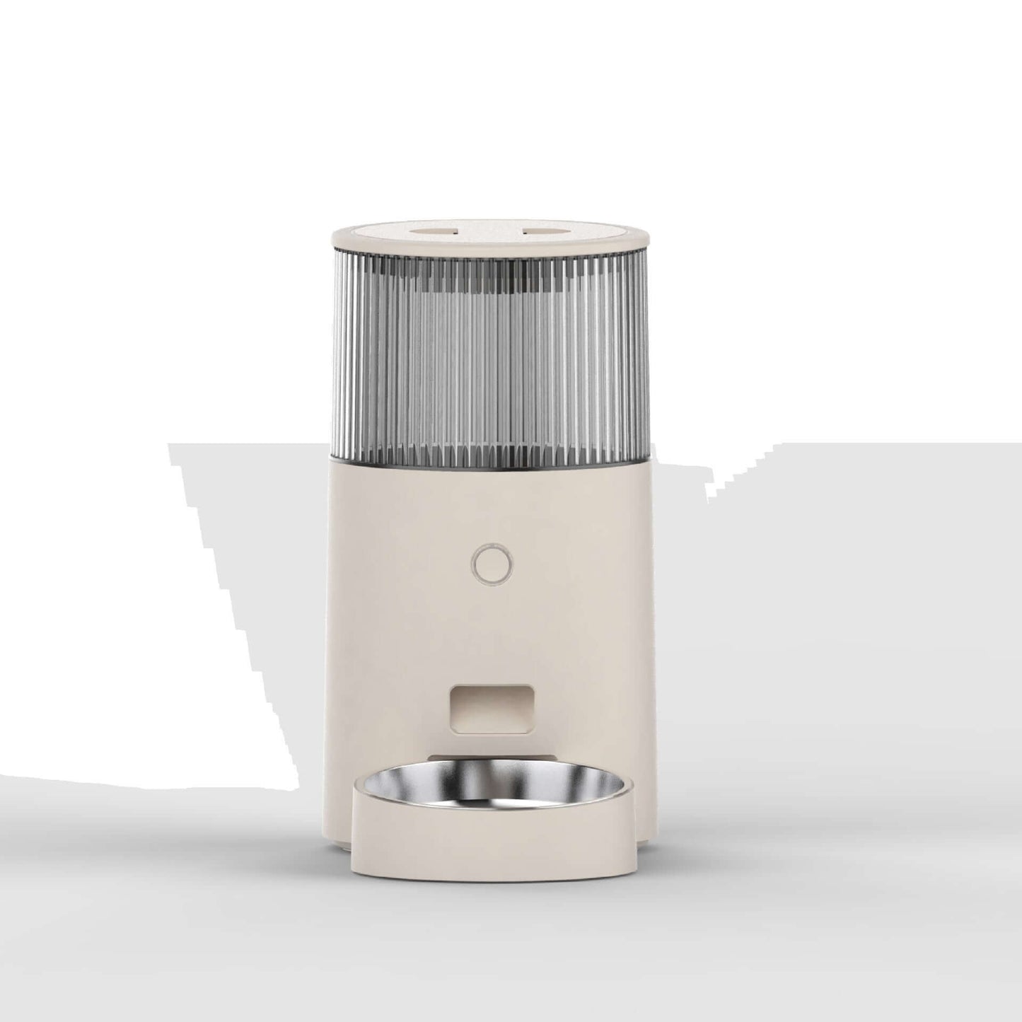 Beige pet feeder with a stainless steel bowl on a white background