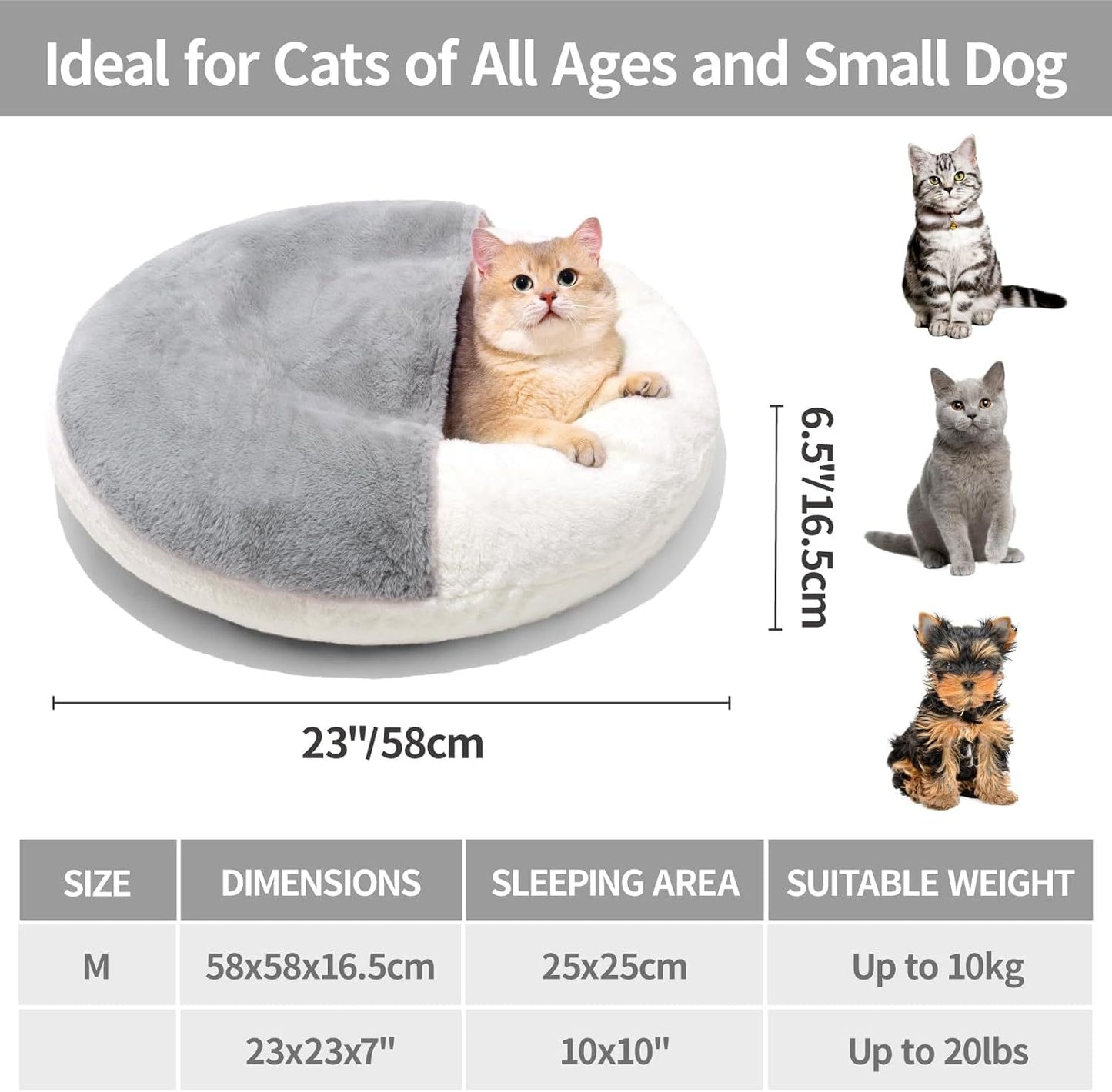 MEWOOFUN Enclosed Cat Bed Cave - Washable Pet Bed With Blanket & Non-Slip Base For Cats & Small Dogs 22'' X 22'', White