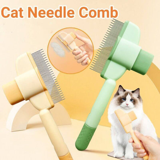 Professional Pet Comb with Release Button for Dogs and Cats, featuring dual-length metal teeth for deep cleaning.
