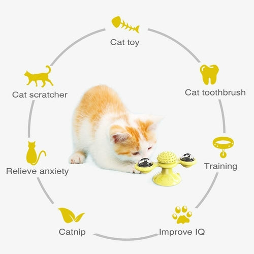 Cat interacting with a toy, surrounded by icons and text describing various cat products and benefits.