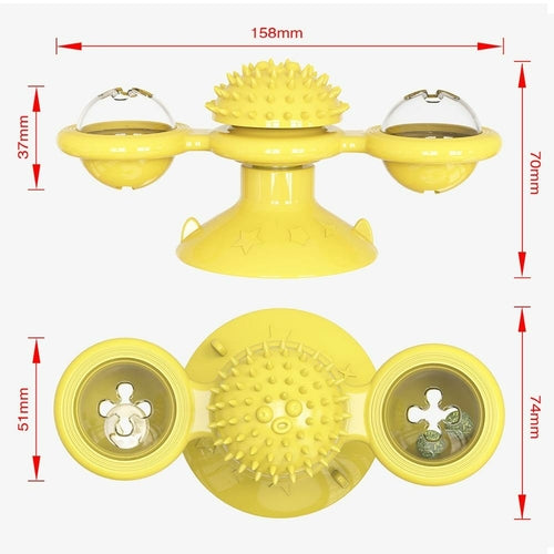 Yellow pet toy with dimensions indicated on a white background